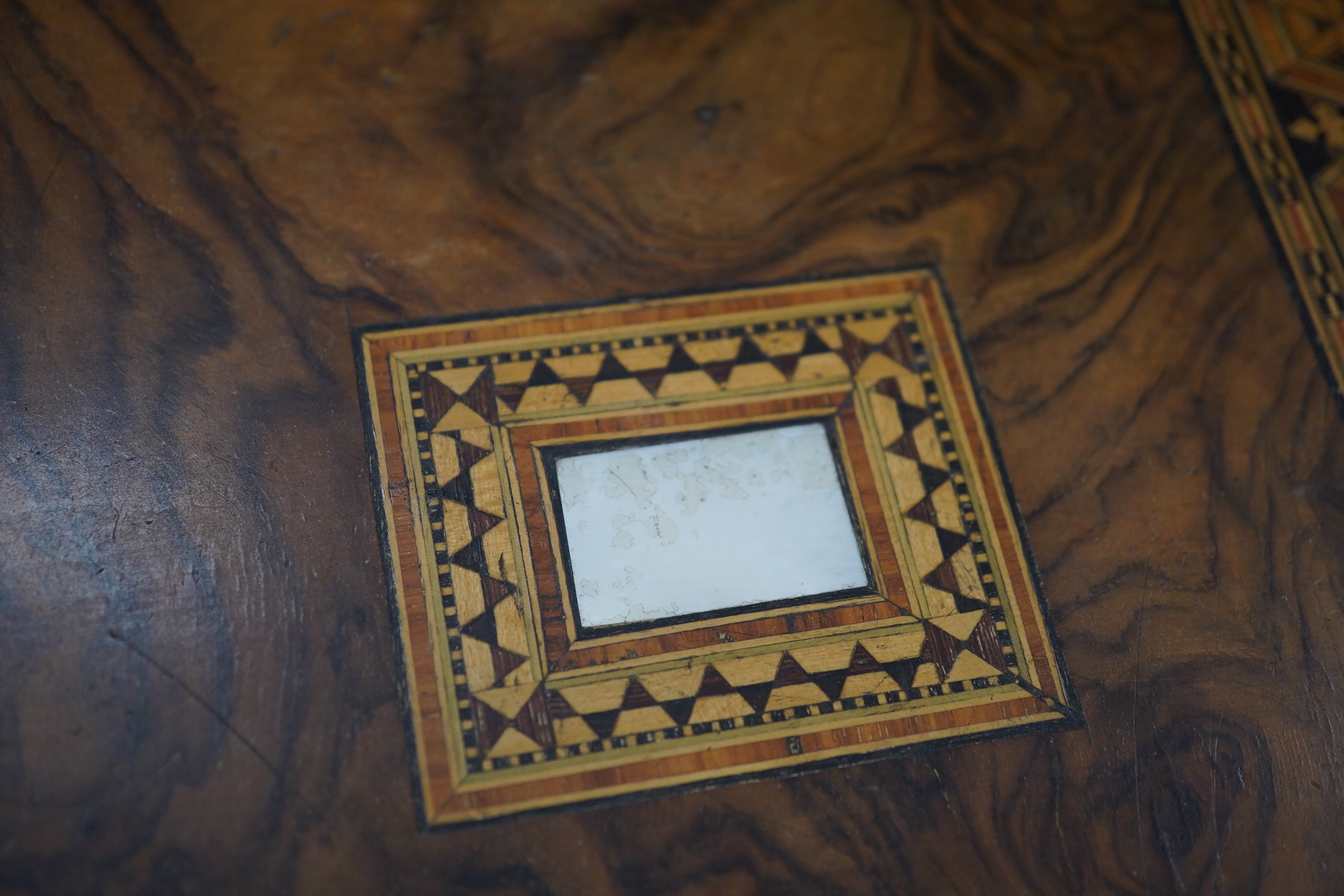 A mahogany brass mounted 19th century writing box and a walnut inlaid and mother of pearl writing box, brass mounted box, 35cm wide. Condition - exterior good, felt on slope torn.